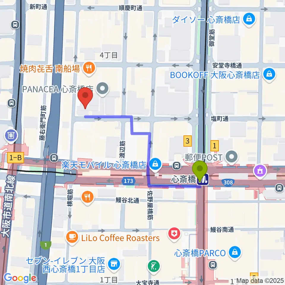 FUN HOUSEの最寄駅心斎橋駅からの徒歩ルート（約4分）地図