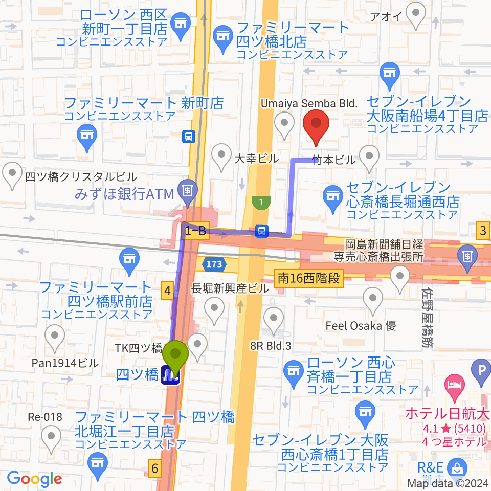四ツ橋駅からFUN HOUSEへのルートマップ地図