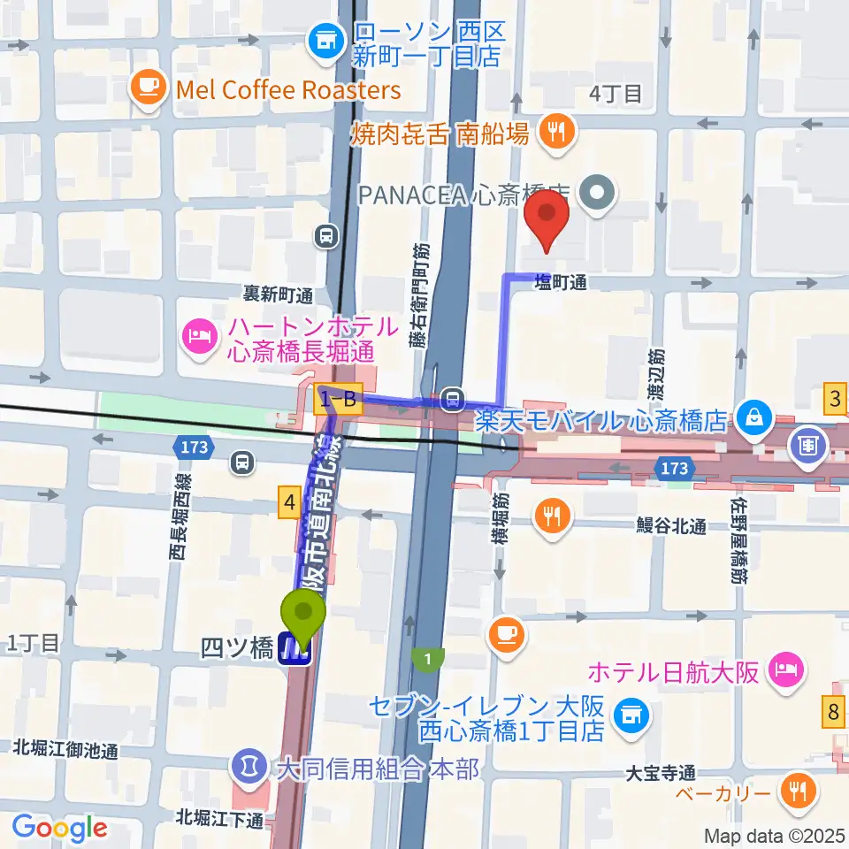 四ツ橋駅からFUN HOUSEへのルートマップ地図