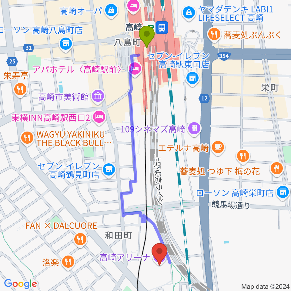 高崎駅から高崎アリーナへのルートマップ地図