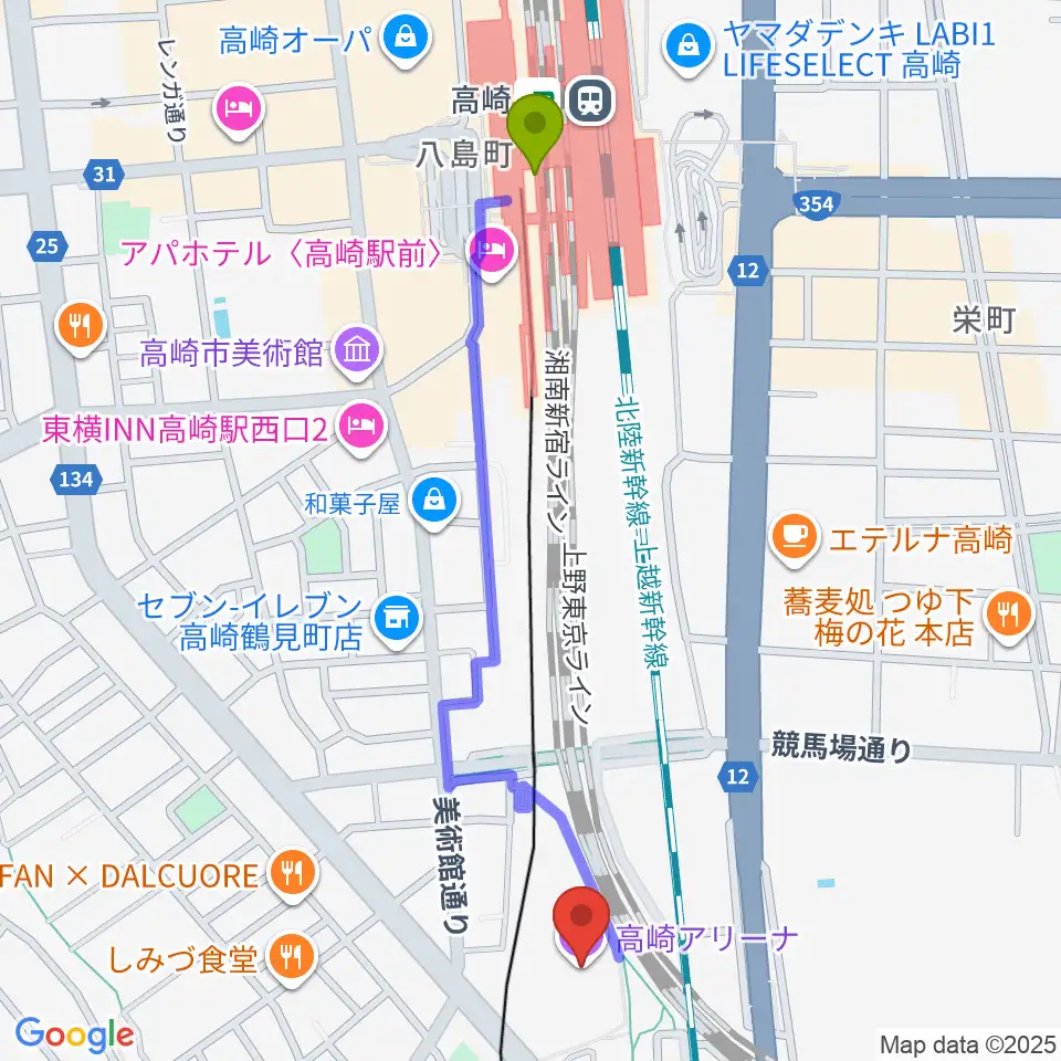 高崎駅から高崎アリーナへのルートマップ地図