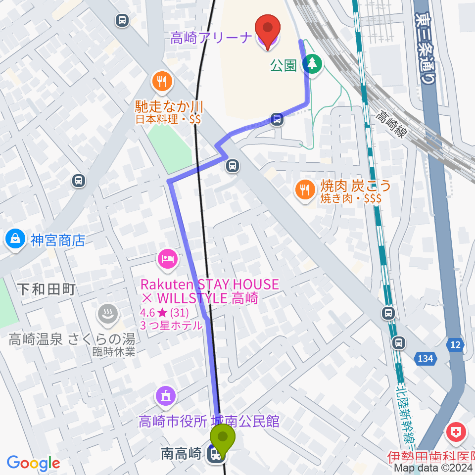 高崎アリーナの最寄駅南高崎駅からの徒歩ルート（約7分）地図