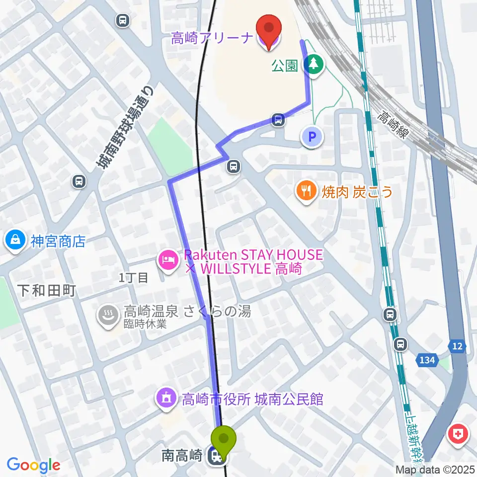高崎アリーナの最寄駅南高崎駅からの徒歩ルート（約7分）地図