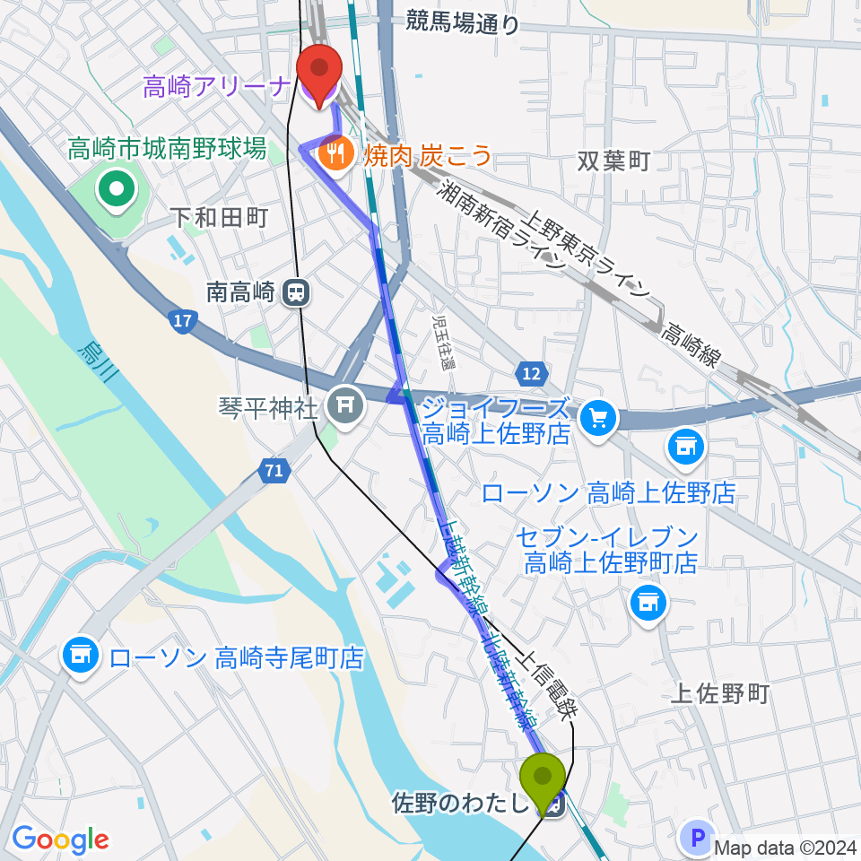 佐野のわたし駅から高崎アリーナへのルートマップ地図