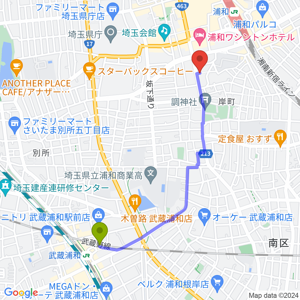 武蔵浦和駅から浦和Cafe Toneへのルートマップ地図