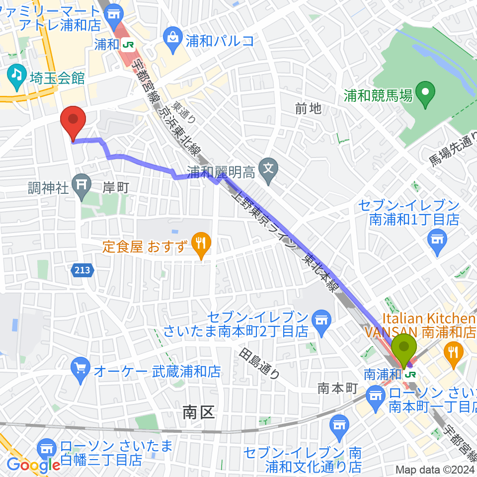 南浦和駅から浦和Cafe Toneへのルートマップ地図