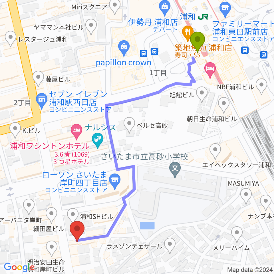 浦和Cafe Toneの最寄駅浦和駅からの徒歩ルート（約6分）地図