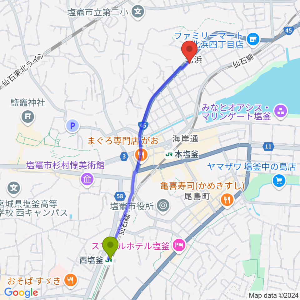 西塩釜駅からウクレレアトリエ cotanへのルートマップ地図