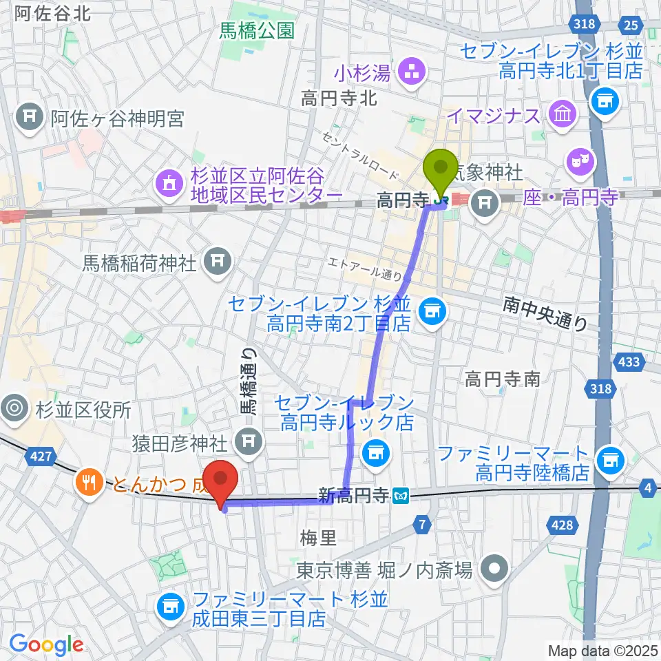 高円寺駅からレコーディング.comへのルートマップ地図