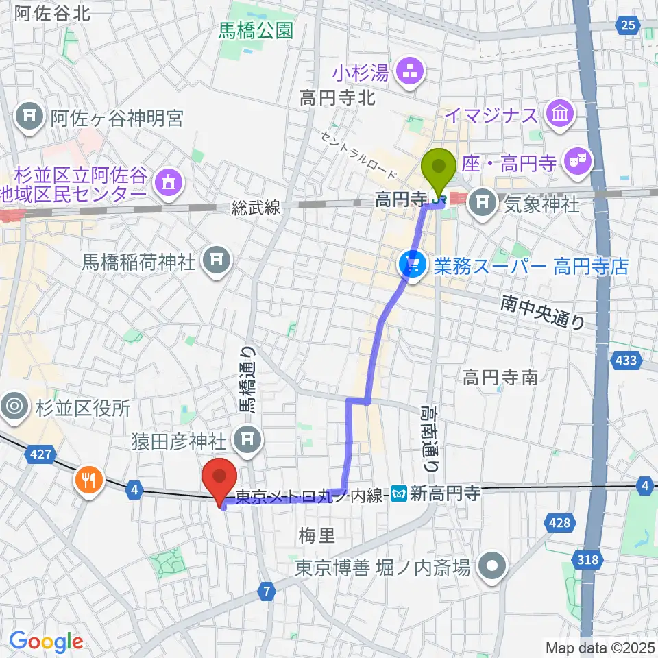 高円寺駅からレコーディング.comへのルートマップ地図