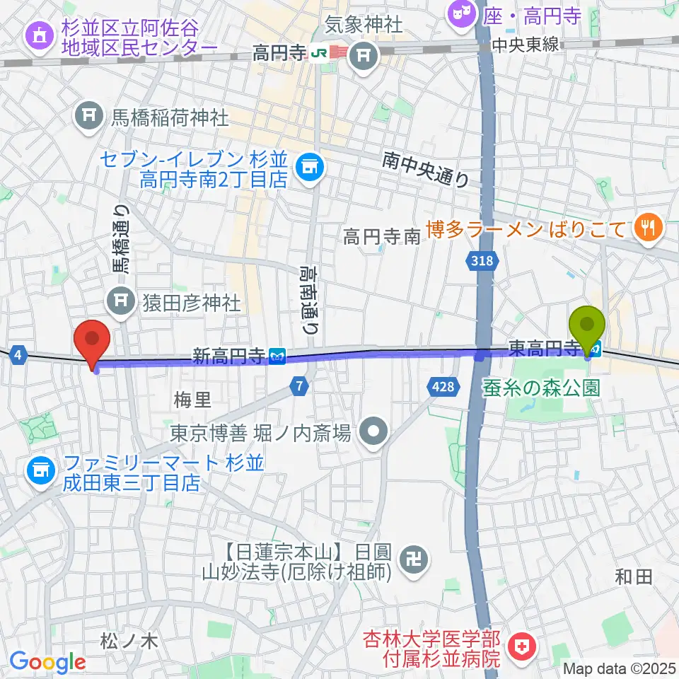 東高円寺駅からレコーディング.comへのルートマップ地図