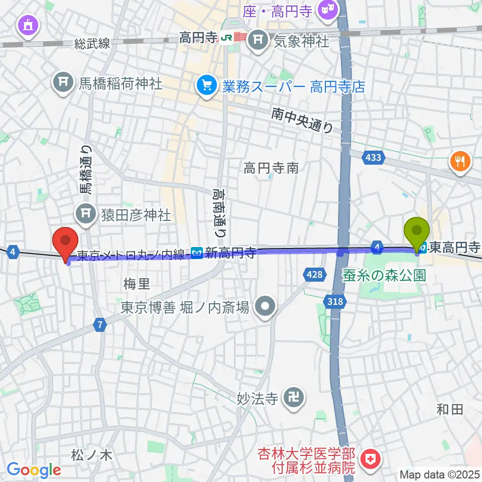 東高円寺駅からレコーディング.comへのルートマップ地図