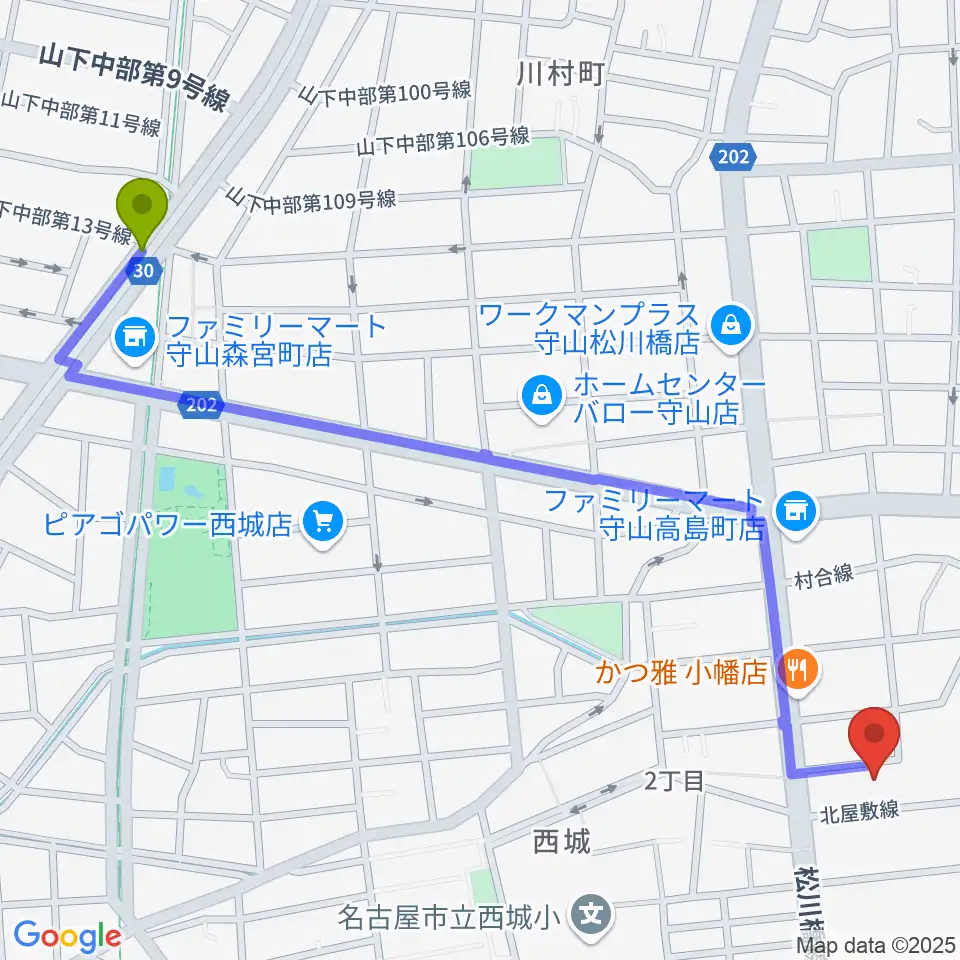 川宮駅からオットリーヤナカザワへのルートマップ地図