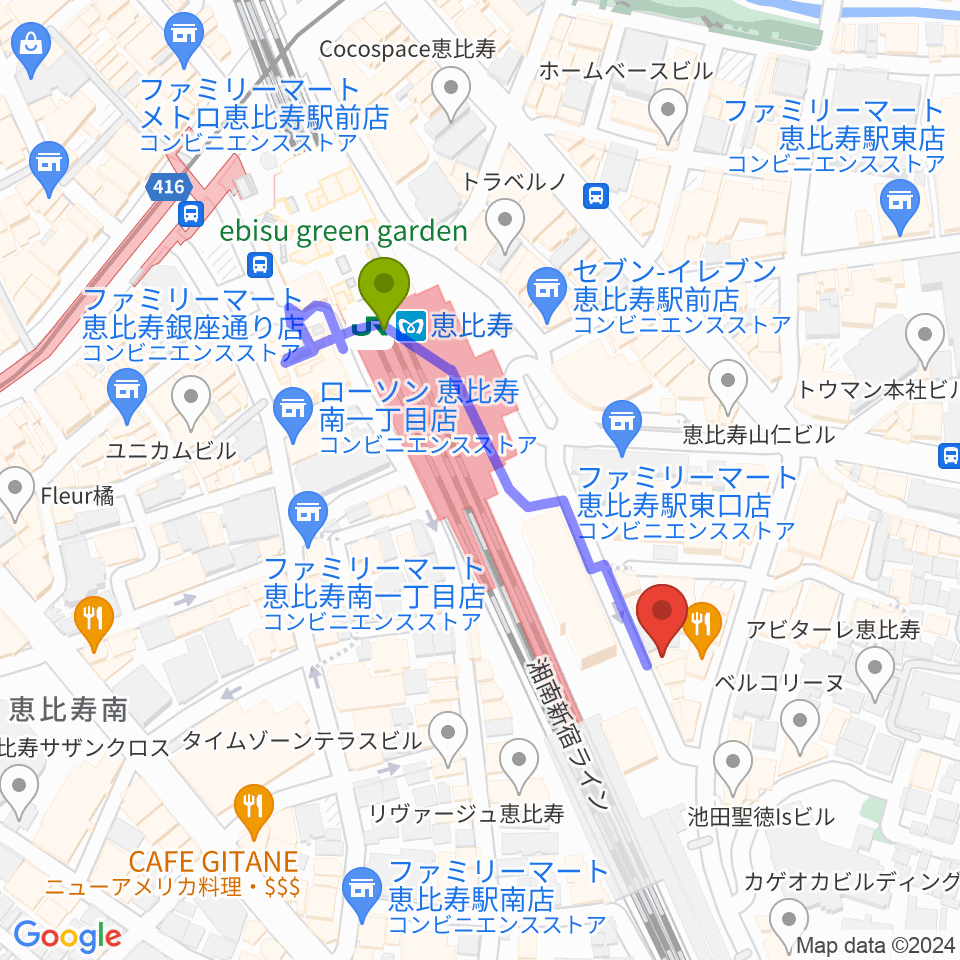 サウンドスタジオノア恵比寿の最寄駅恵比寿駅からの徒歩ルート（約3分）地図