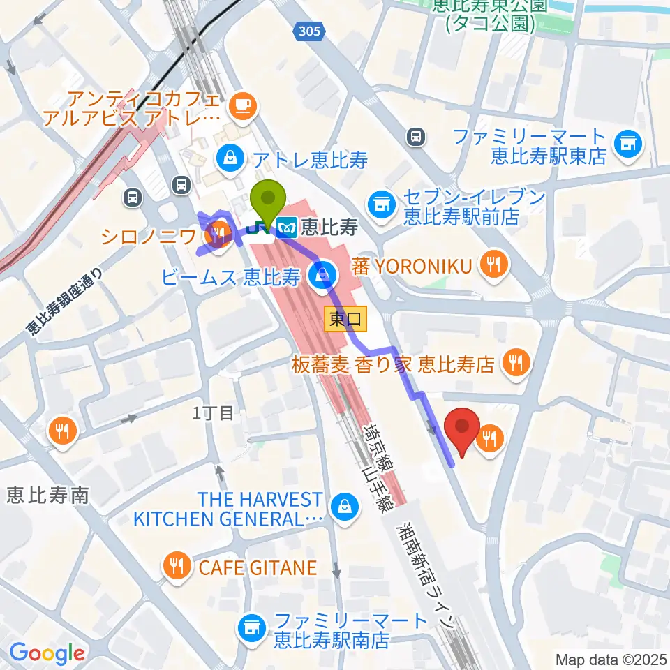 サウンドスタジオノア恵比寿の最寄駅恵比寿駅からの徒歩ルート（約3分）地図