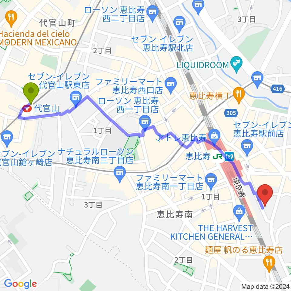 代官山駅からサウンドスタジオノア恵比寿へのルートマップ地図