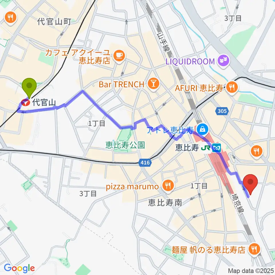 代官山駅からサウンドスタジオノア恵比寿へのルートマップ地図