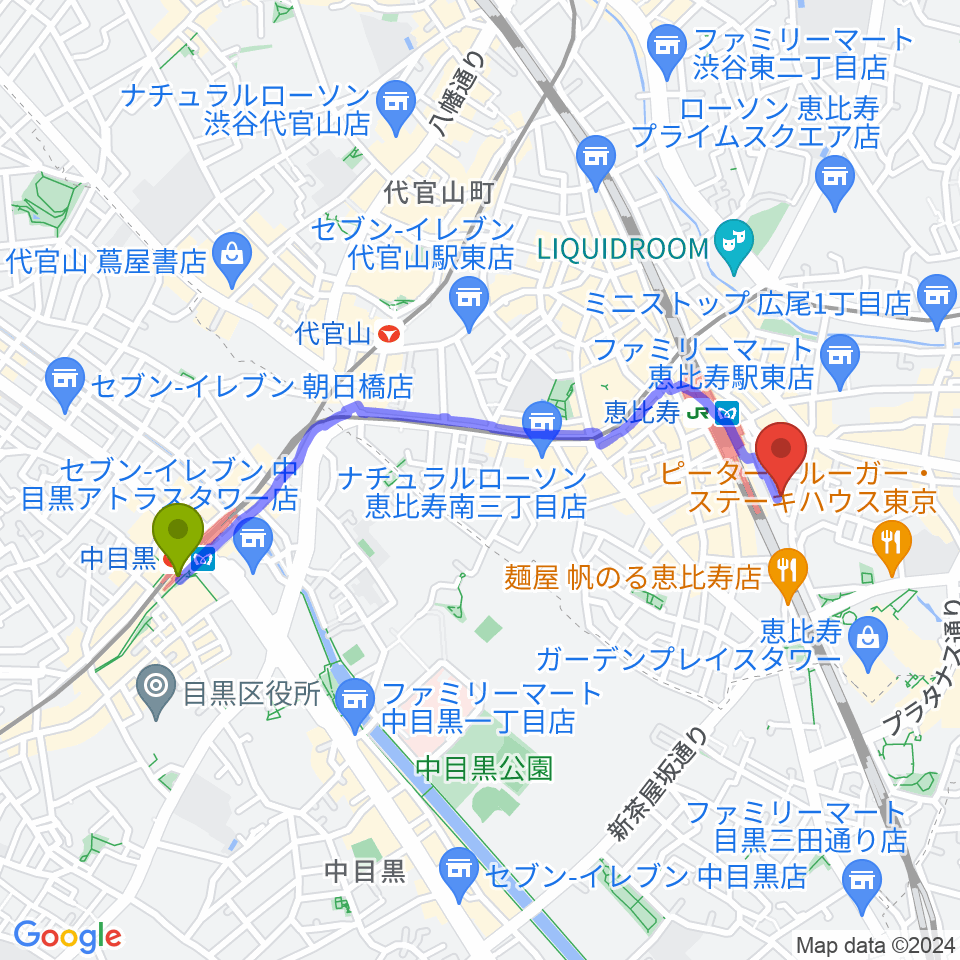 中目黒駅からサウンドスタジオノア恵比寿へのルートマップ地図