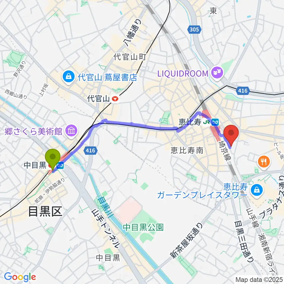 中目黒駅からサウンドスタジオノア恵比寿へのルートマップ地図