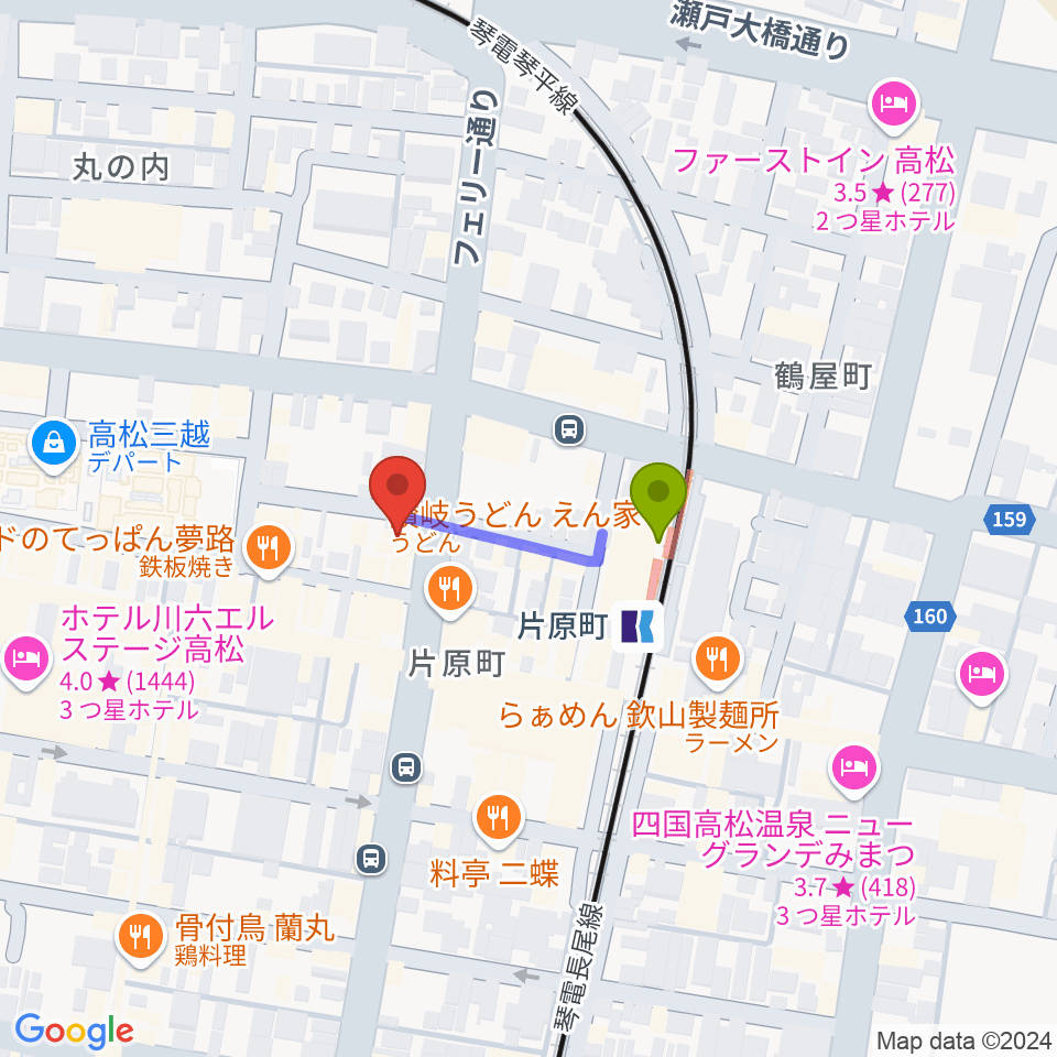 MUSIC FARMの最寄駅片原町駅からの徒歩ルート（約2分）地図