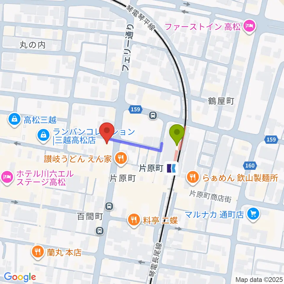 MUSIC FARMの最寄駅片原町駅からの徒歩ルート（約2分）地図