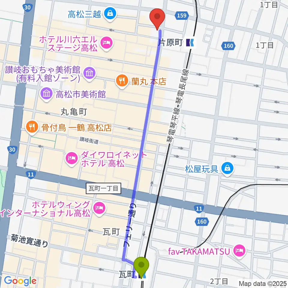 瓦町駅からMUSIC FARMへのルートマップ地図