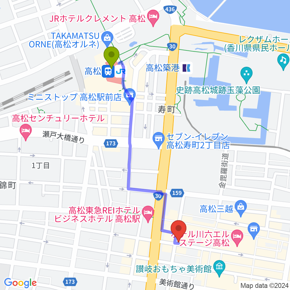 高松駅からadd9 Guitarsへのルートマップ地図