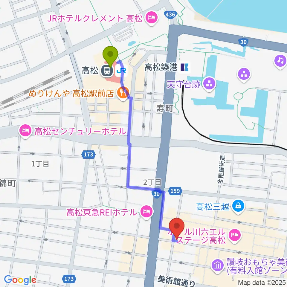 高松駅からadd9 Guitarsへのルートマップ地図