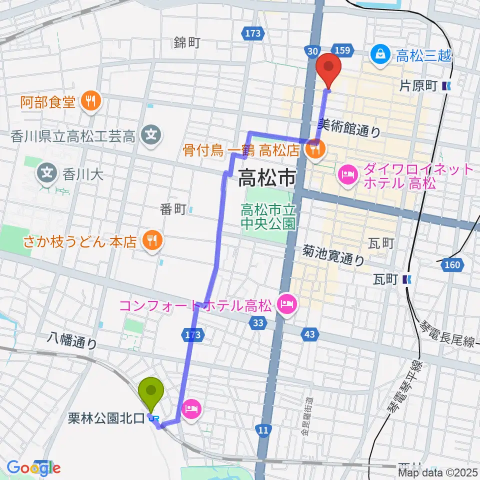 栗林公園北口駅からadd9 Guitarsへのルートマップ地図