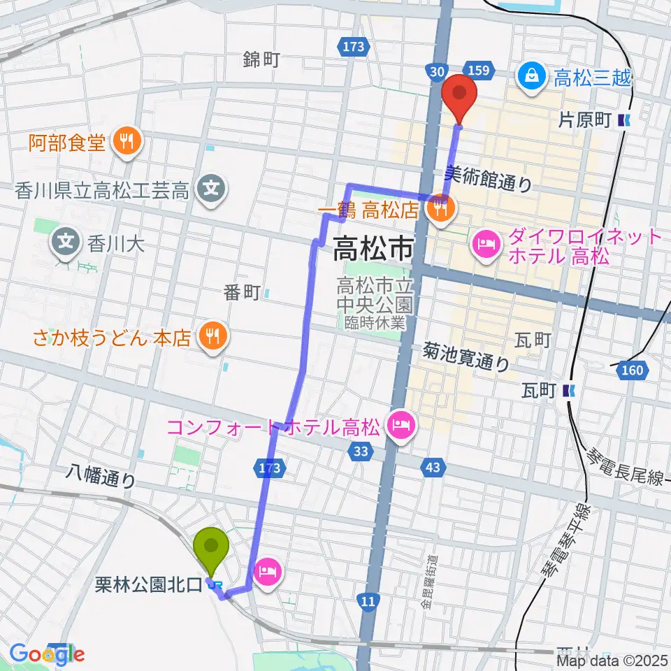 栗林公園北口駅からadd9 Guitarsへのルートマップ地図