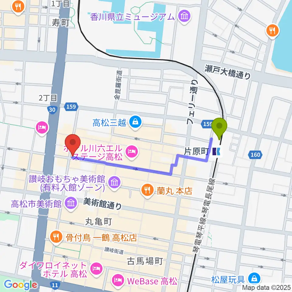add9 Guitarsの最寄駅片原町駅からの徒歩ルート（約8分）地図