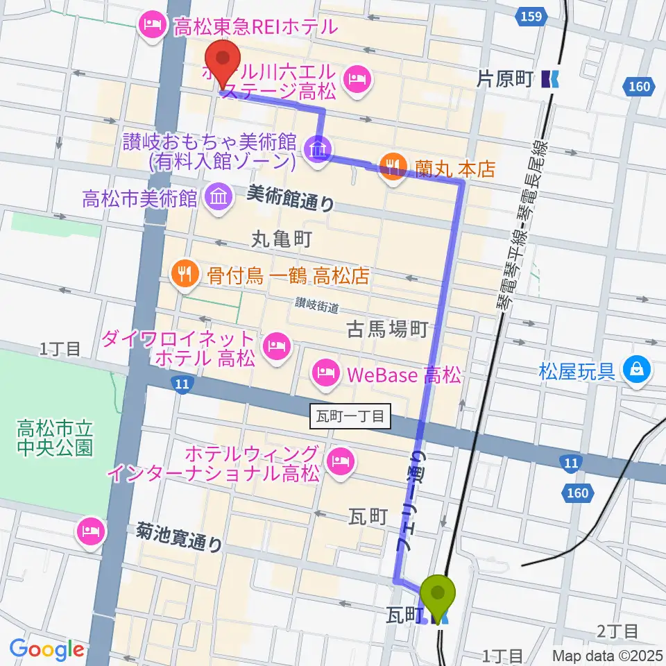 瓦町駅からadd9 Guitarsへのルートマップ地図