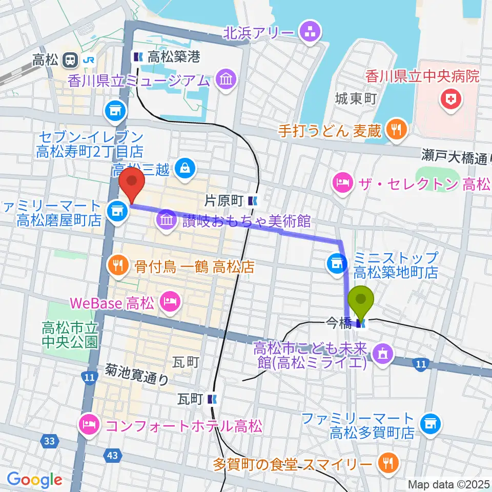今橋駅からadd9 Guitarsへのルートマップ地図