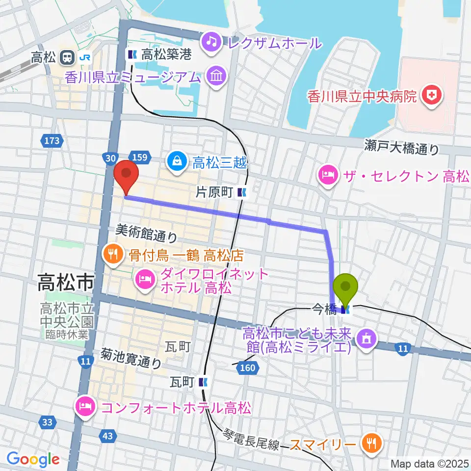 今橋駅からadd9 Guitarsへのルートマップ地図
