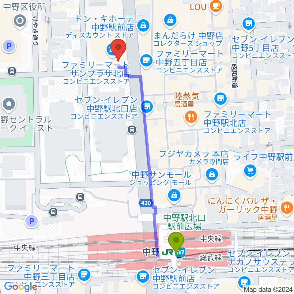 ディスクユニオン中野店の最寄駅中野駅からの徒歩ルート（約5分）地図