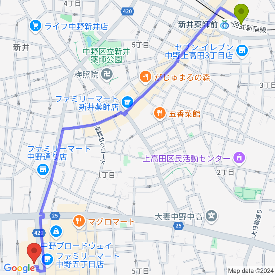 新井薬師前駅からディスクユニオン中野店へのルートマップ地図