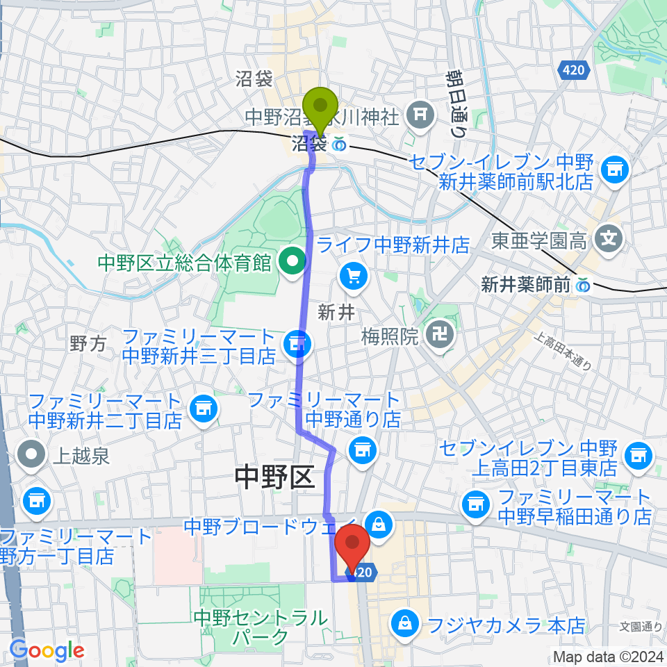 沼袋駅からディスクユニオン中野店へのルートマップ地図