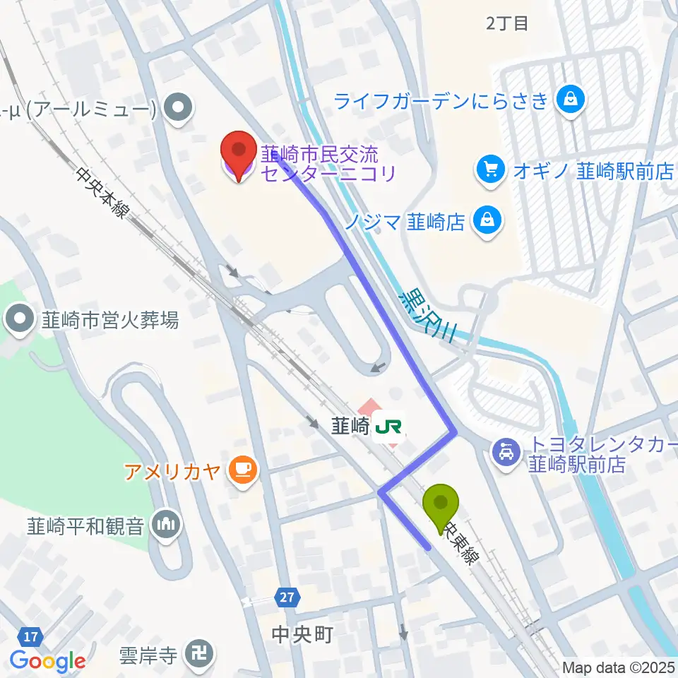 韮崎市民交流センターニコリの最寄駅韮崎駅からの徒歩ルート（約5分）地図