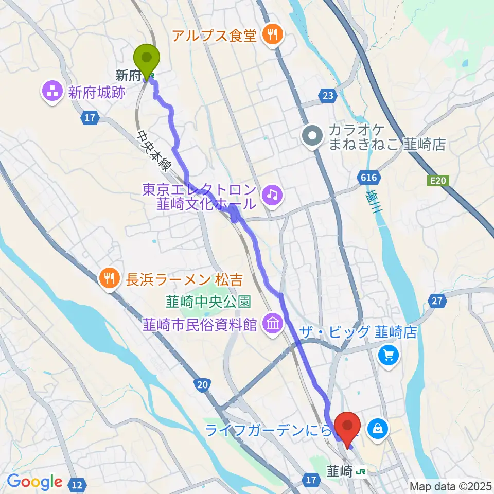 新府駅から韮崎市民交流センターニコリへのルートマップ地図