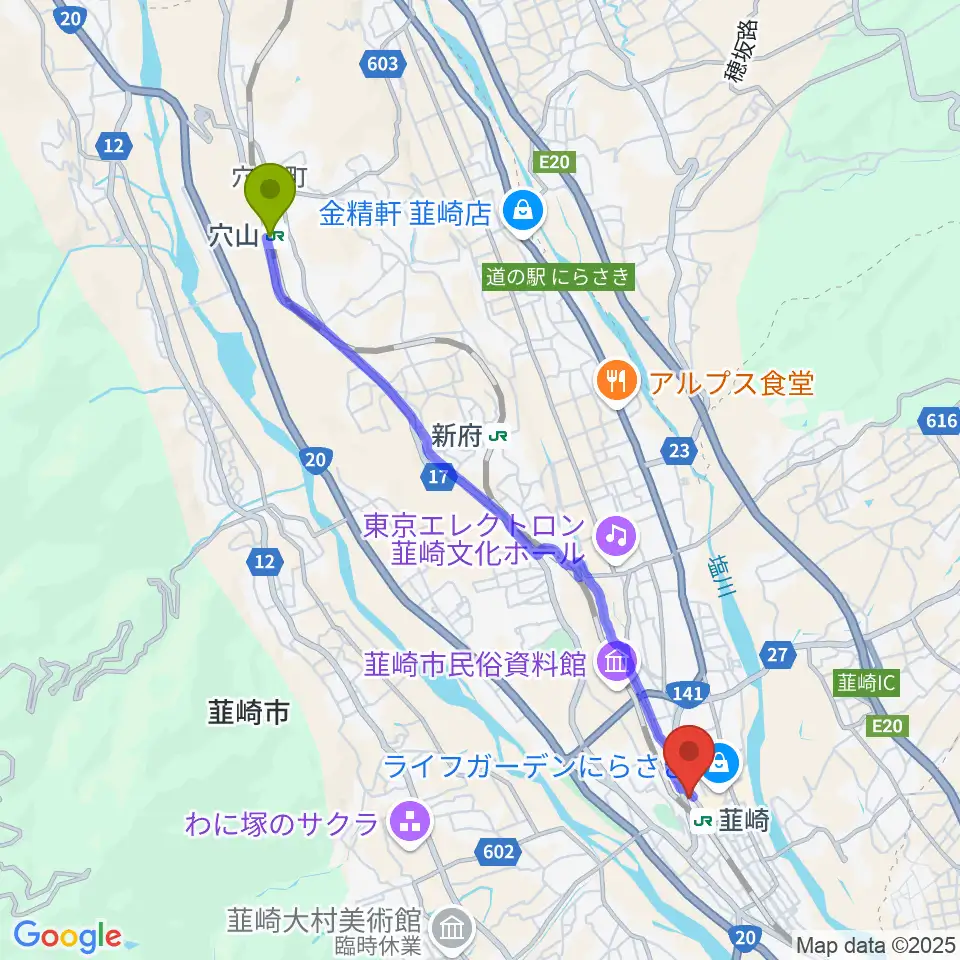 穴山駅から韮崎市民交流センターニコリへのルートマップ地図