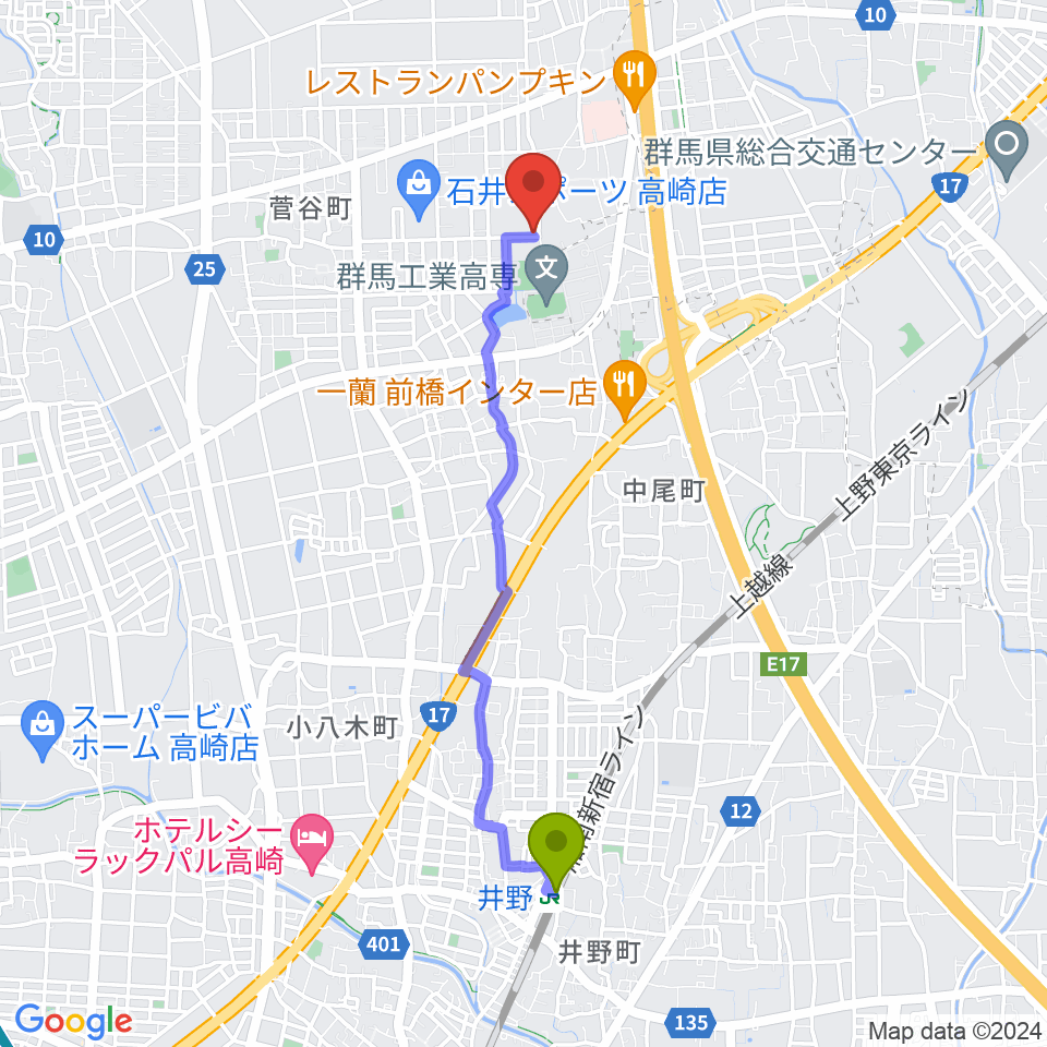 井野駅からジーマドラミングスクールへのルートマップ地図
