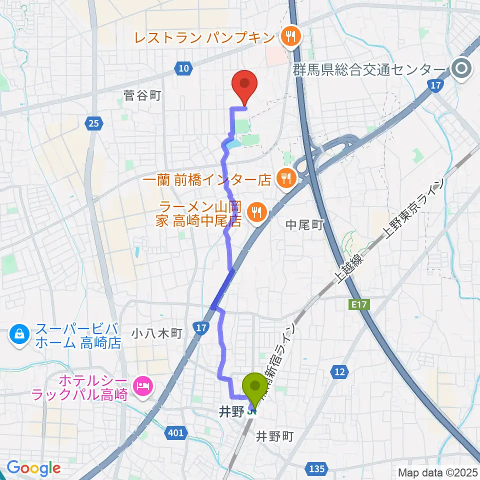 井野駅からジーマドラミングスクールへのルートマップ地図