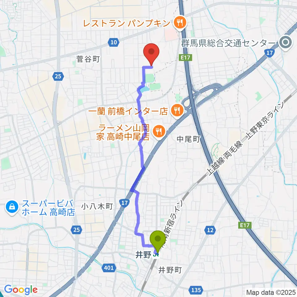井野駅からジーマドラミングスクールへのルートマップ地図