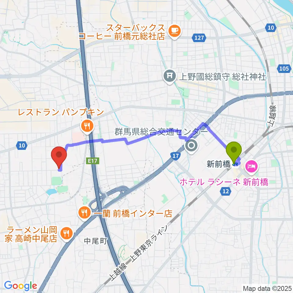 ジーマドラミングスクールの最寄駅新前橋駅からの徒歩ルート（約37分）地図