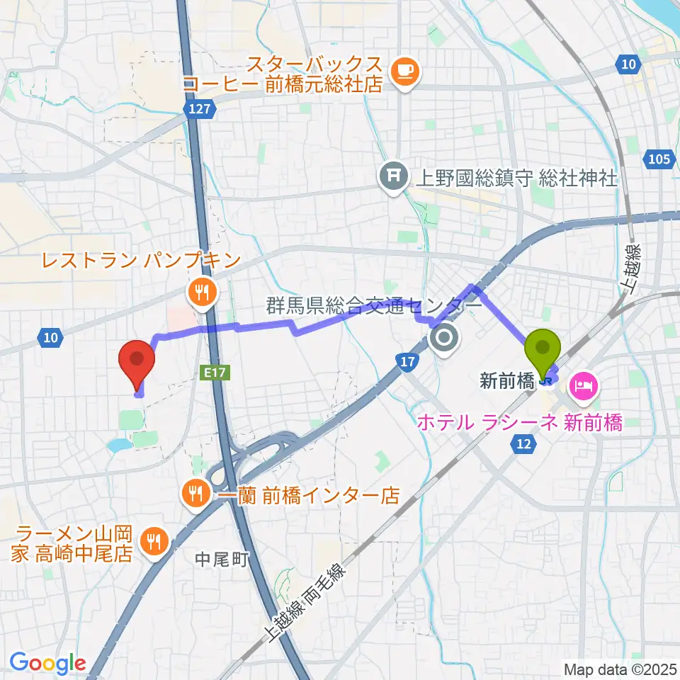 ジーマドラミングスクールの最寄駅新前橋駅からの徒歩ルート（約37分）地図