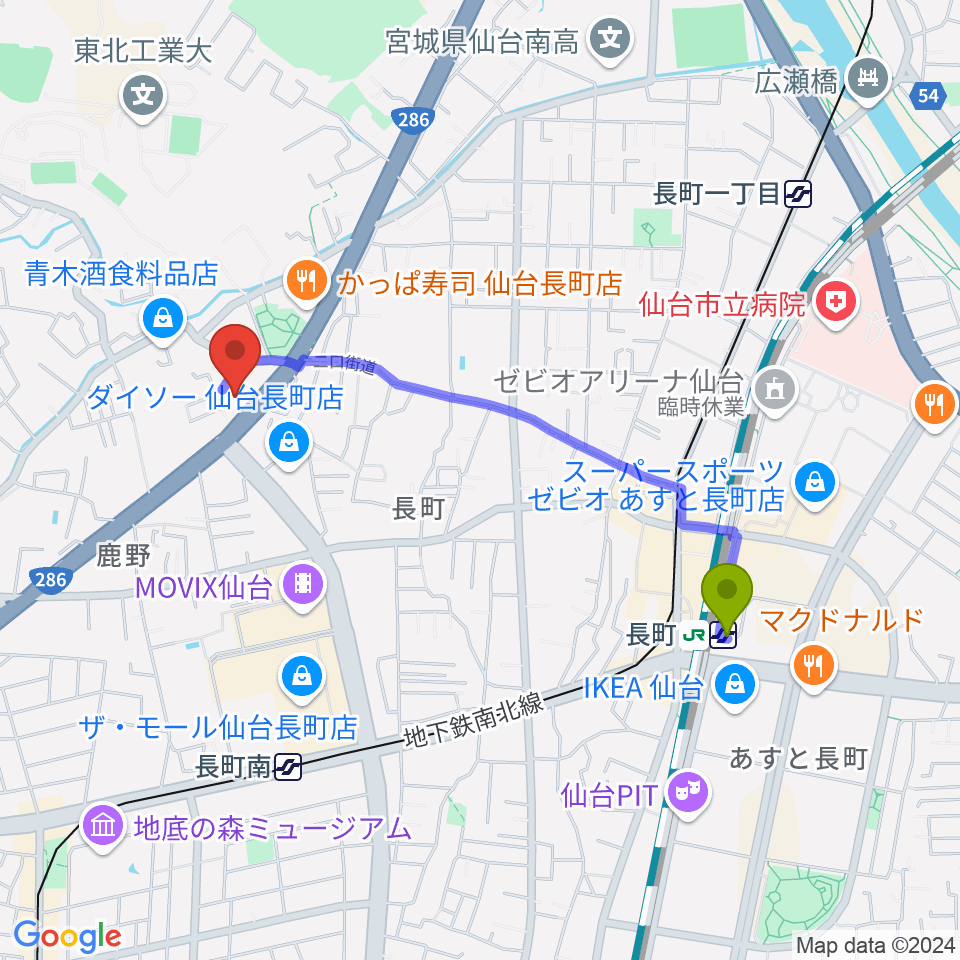 長町駅からピアノ教室 ポコアポコへのルートマップ地図