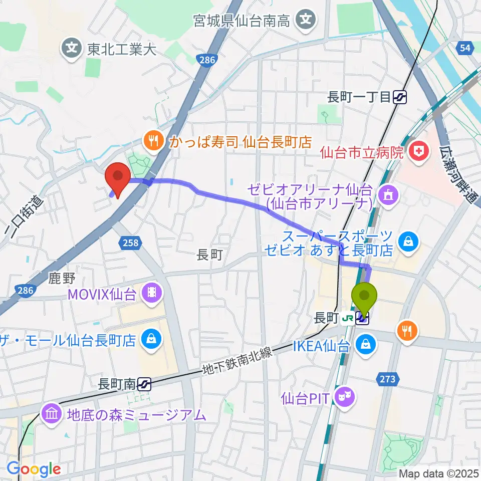 長町駅からピアノ教室 ポコアポコへのルートマップ地図