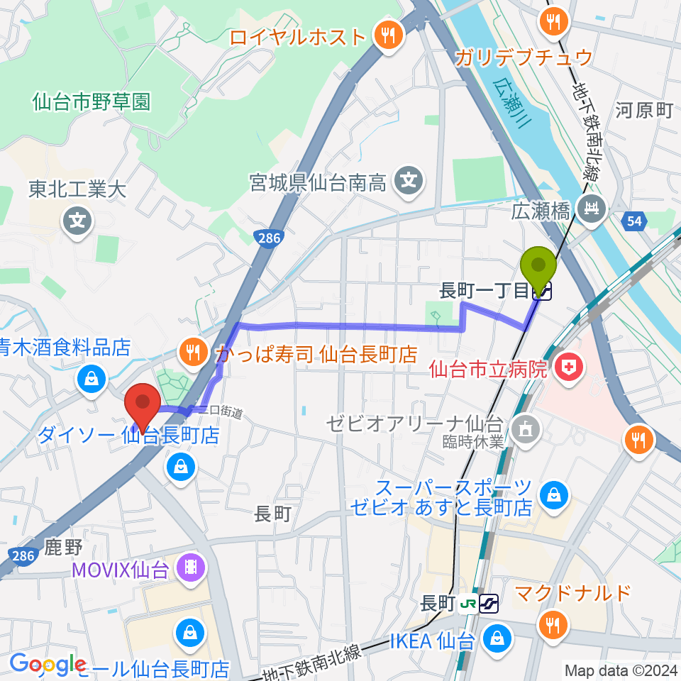 長町一丁目駅からピアノ教室 ポコアポコへのルートマップ地図