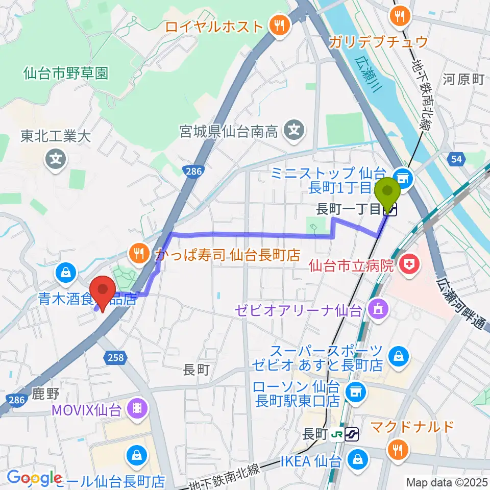 長町一丁目駅からピアノ教室 ポコアポコへのルートマップ地図