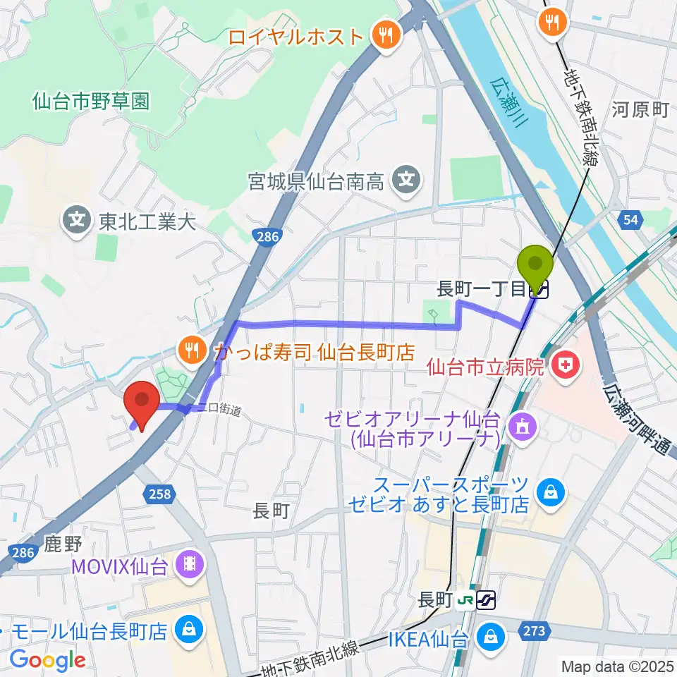 長町一丁目駅からピアノ教室 ポコアポコへのルートマップ地図